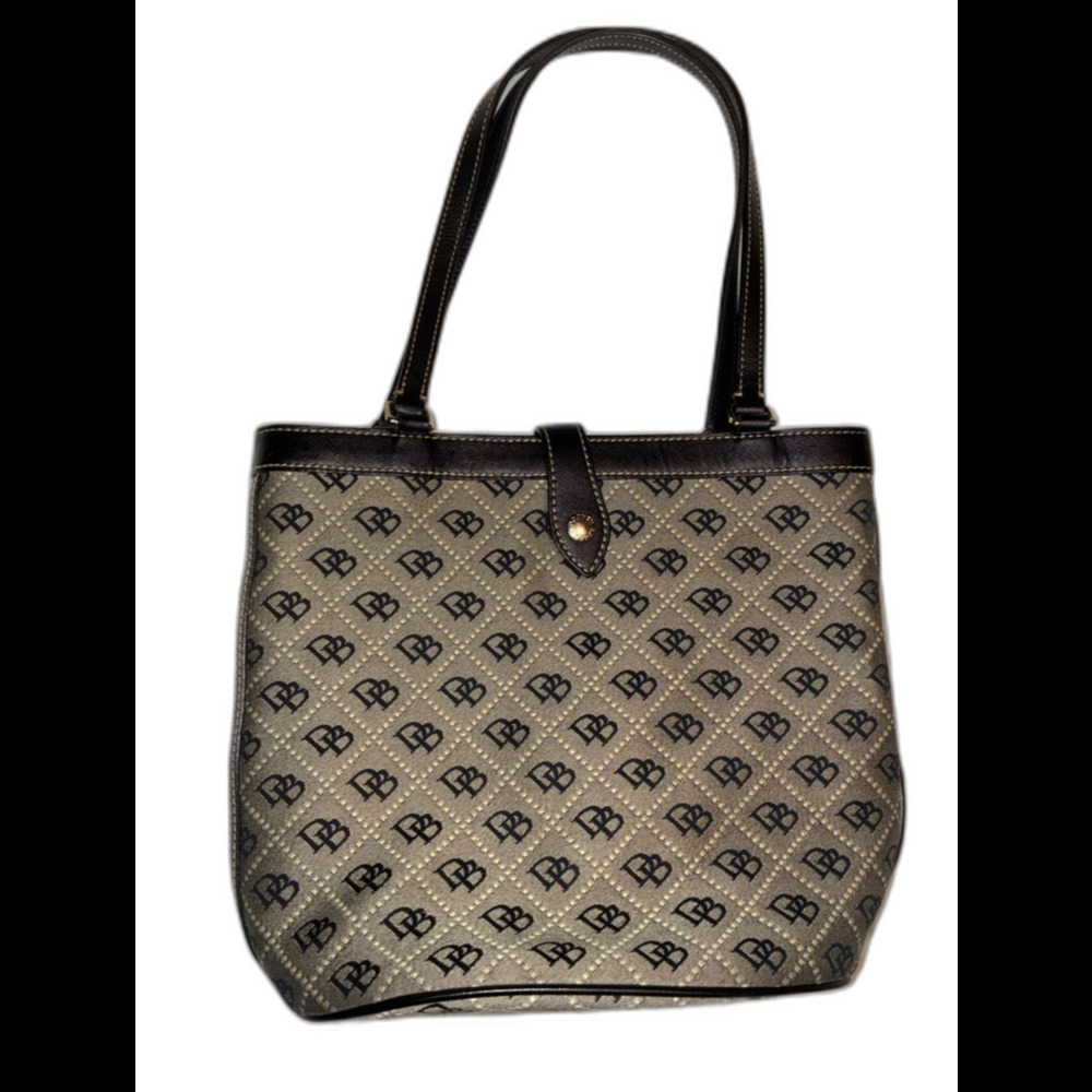 Dooney & Bourke DB Monogram Canvas Tote Bag | Black Leather Trim & Straps
